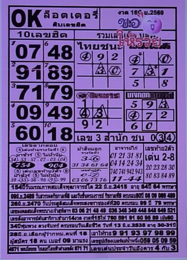 หวย ok ล็อตเตอรี่ 16/6/69